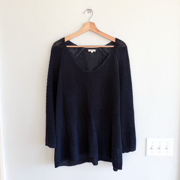 Demylee Linen Knit V-Neck Pullover Long Sleeve Sweater Navy L - Picture 1 of 7